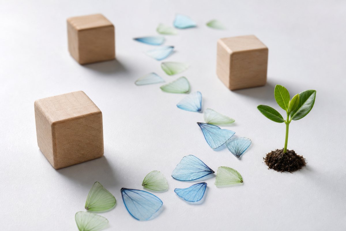 Blue and green butterfly-inspired materials with a small sprouting plant.