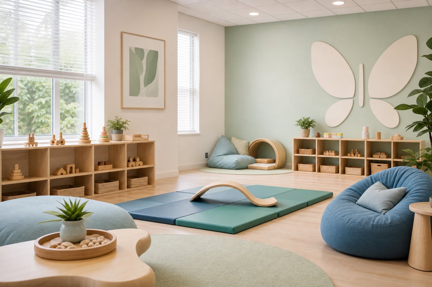 A clean child therapy room with blue and green mats and warm play materials.
