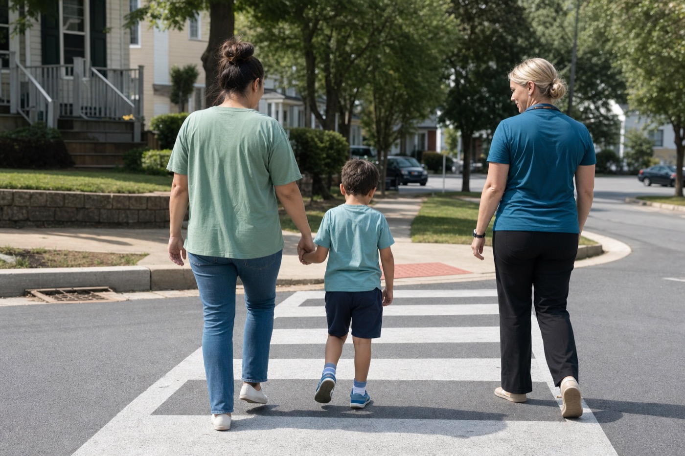 A caregiver, child, and support professional practicing safe walking in the community.