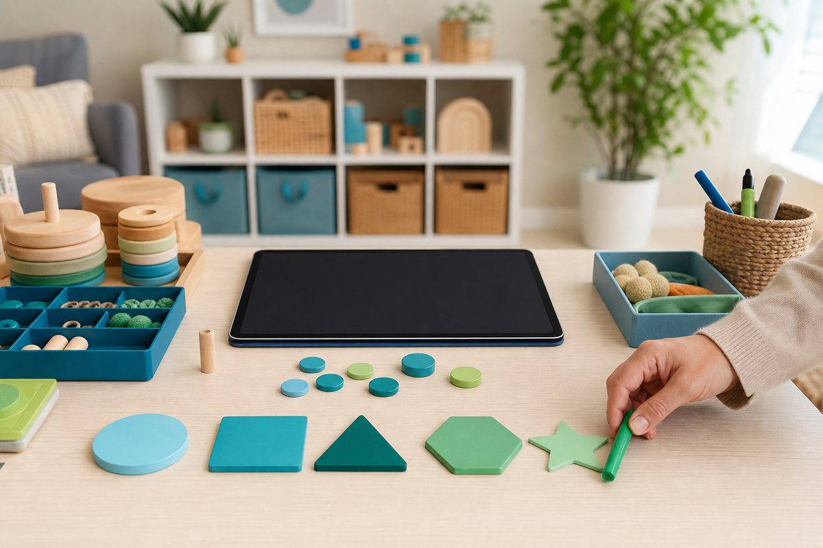 Organized therapy materials with blue and green progress tokens in a bright workspace.
