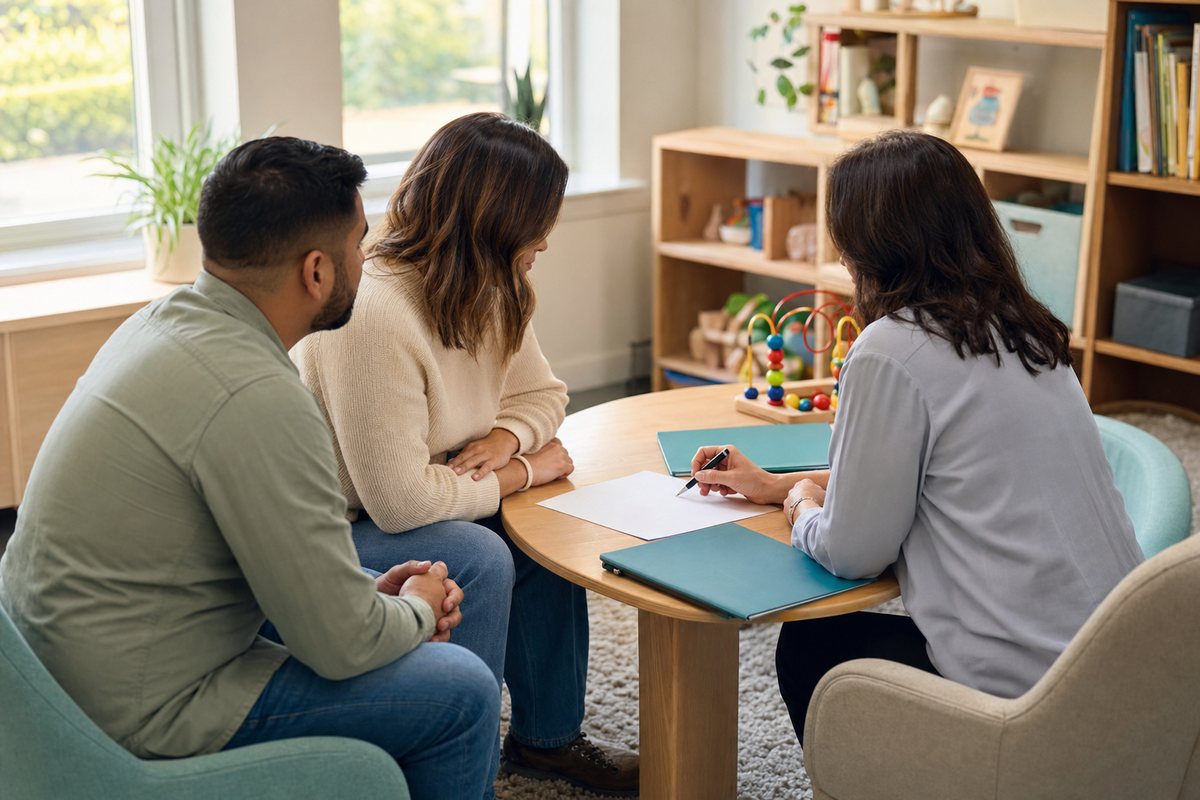 A Bloompath care planning conversation in a warm child development center.