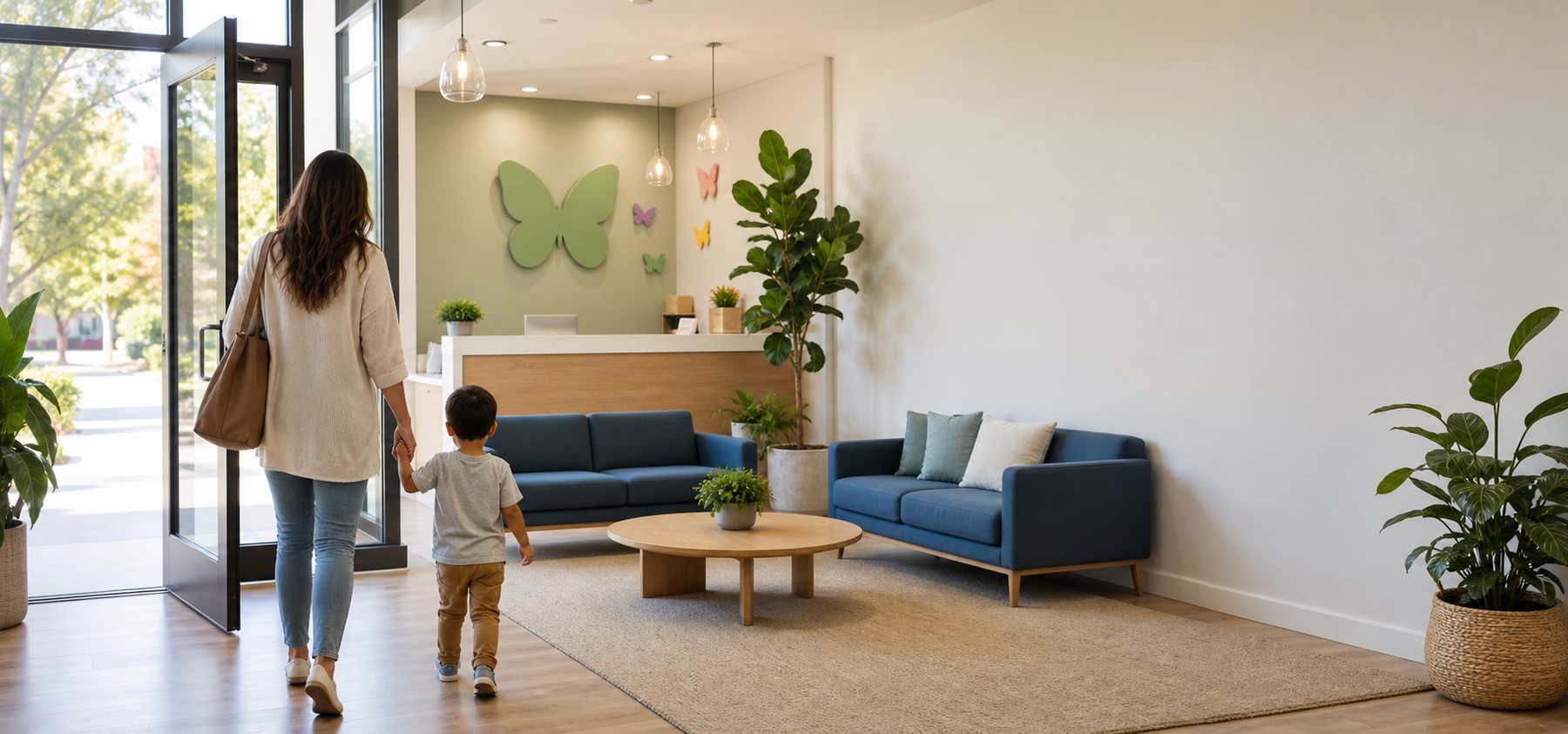 A caregiver and child entering a bright, welcoming child development center.