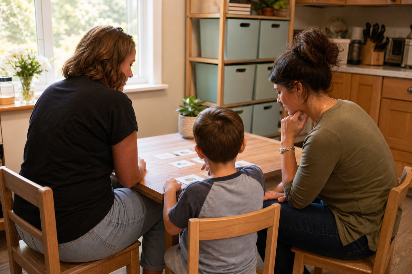 A caregiver, child, and therapist practicing a home routine at a table.