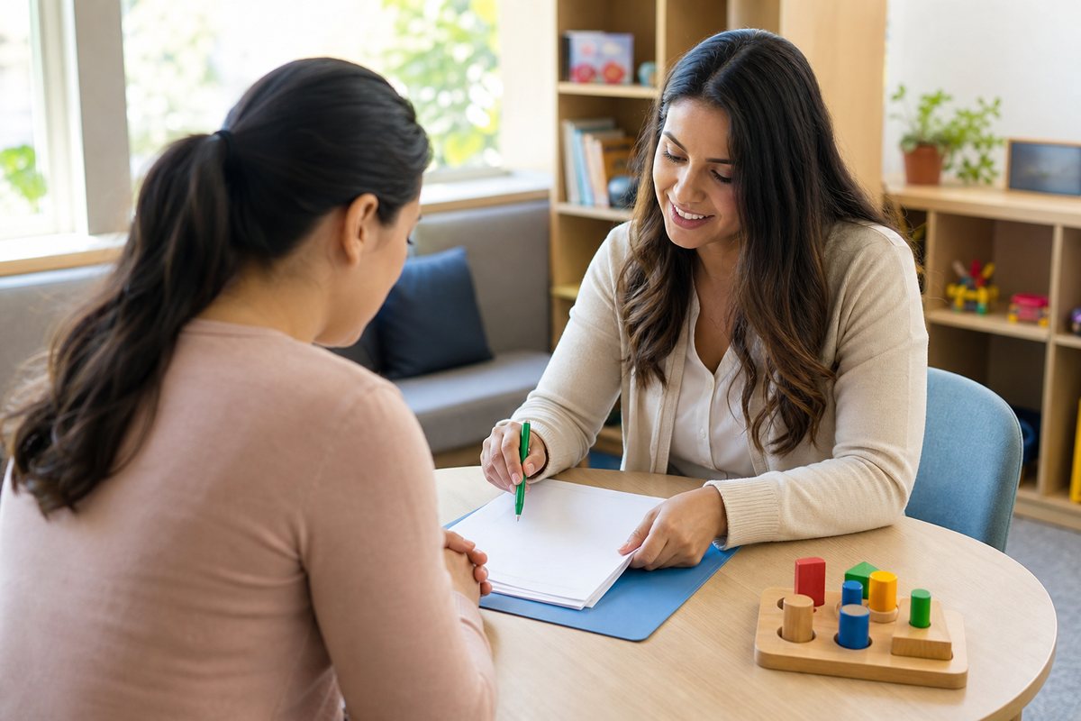 A calm intake conversation in a warm Bloompath consultation space.