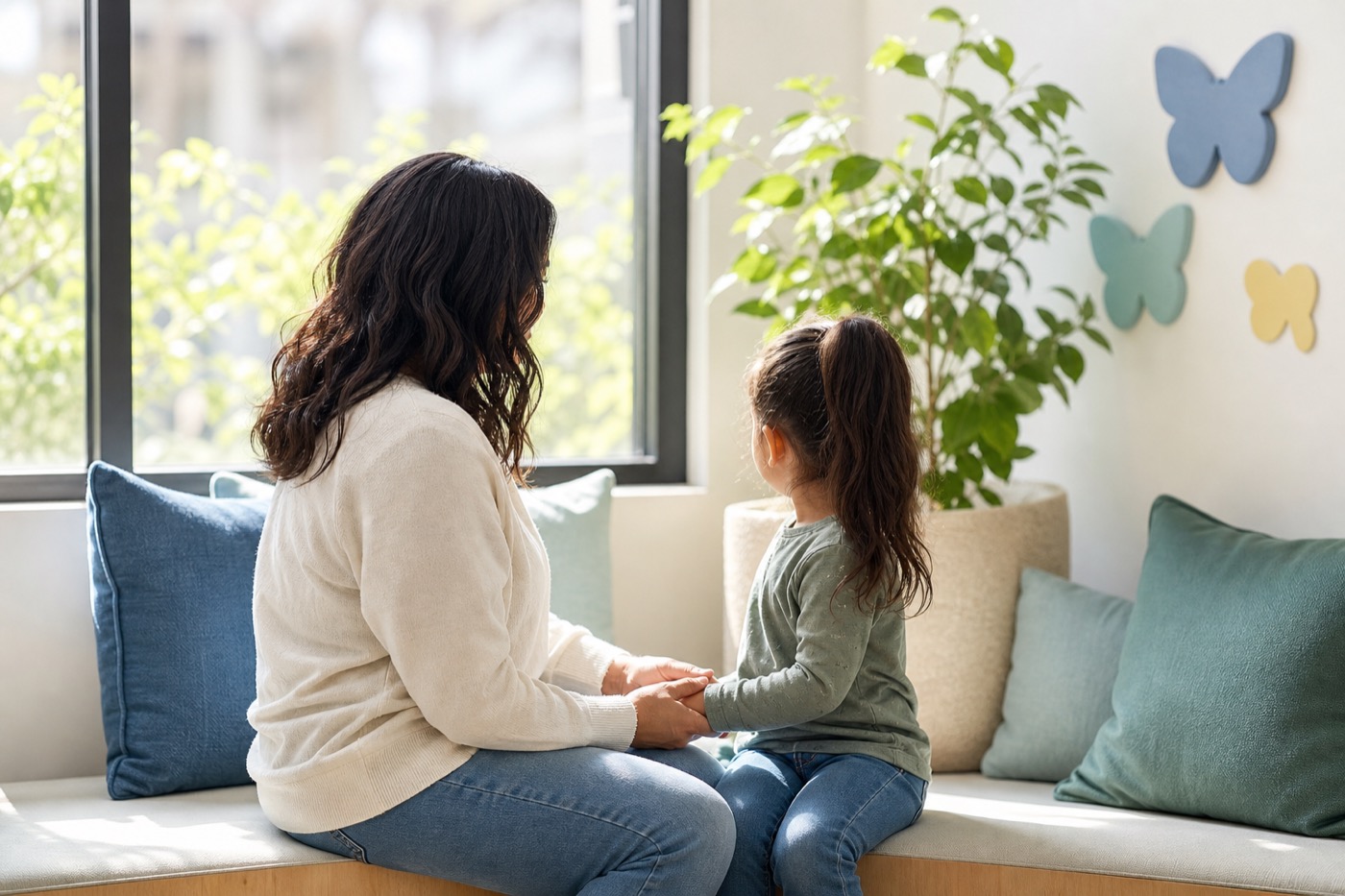 A caregiver and child sharing a warm moment near a bright window.
