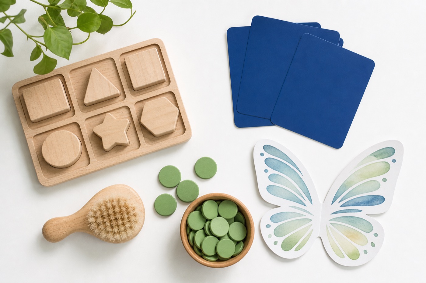 Blue and green developmental therapy materials arranged on a clean white surface.