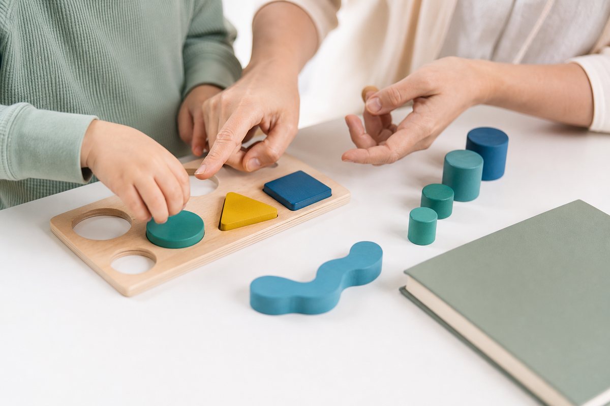 Cropped child and therapist hands arranging therapy materials on a clean table.